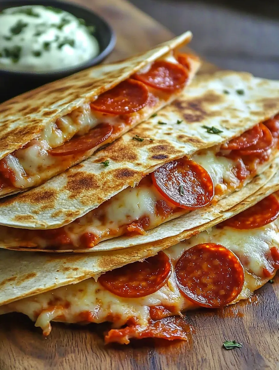 Three slices of pepperoni pizza quesadilla.