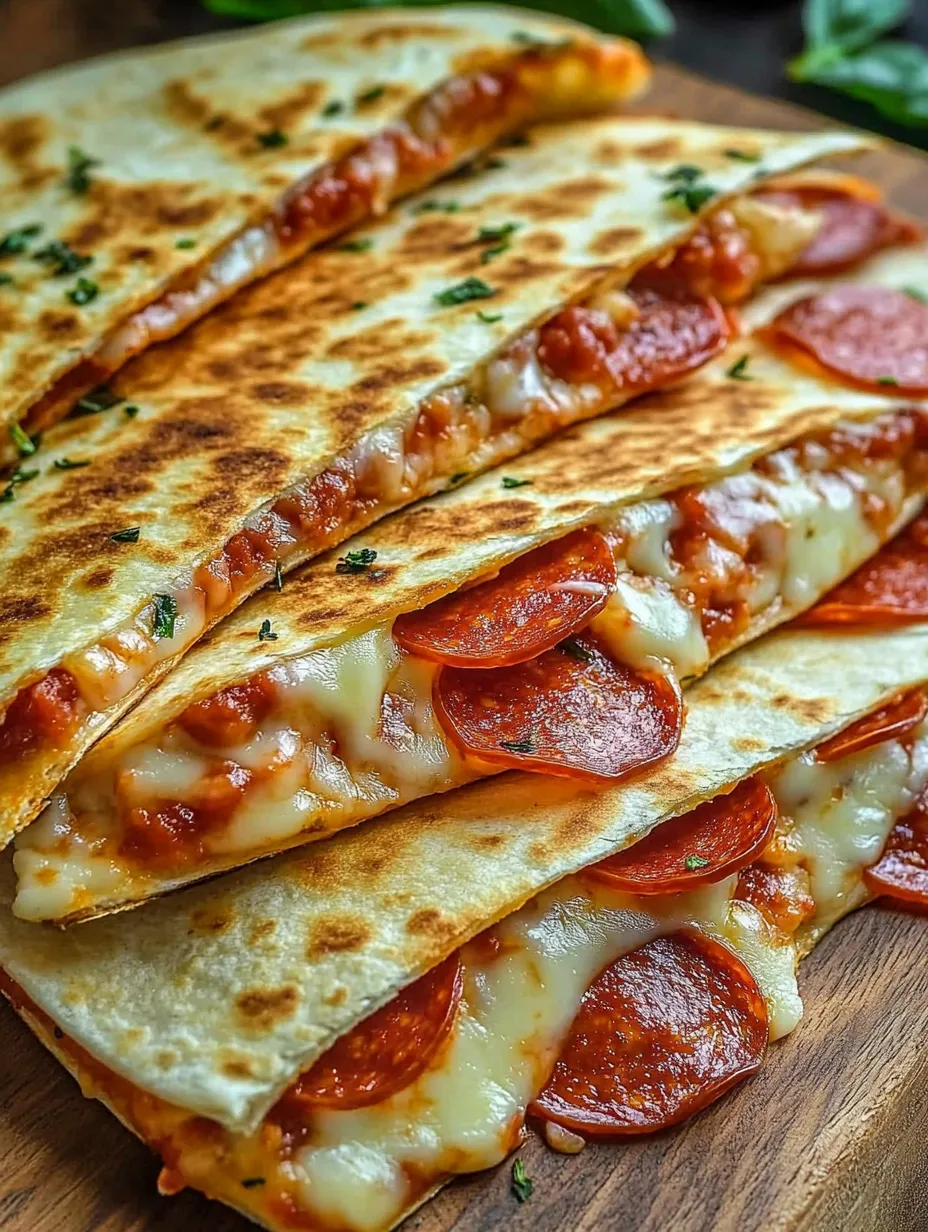 A stack of pepperoni pizza quesadillas.