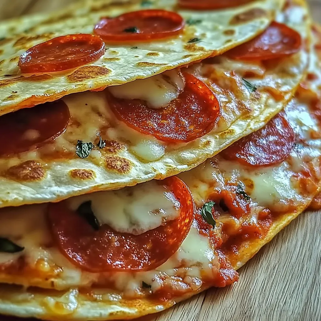 Three stacked pepperoni pizza quesadillas.