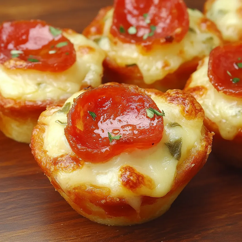 A close up of a pizza cupcake with cheese and pepperoni.