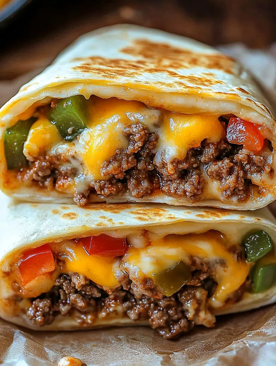 Two crispy cheeseburger wraps with peppers and cheese.