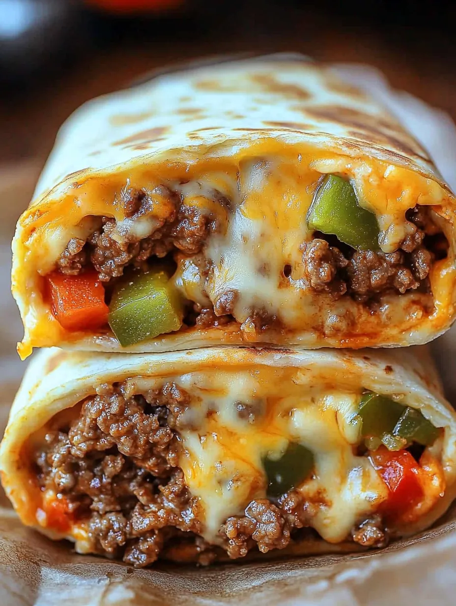 Two crispy cheeseburger wraps on a table.