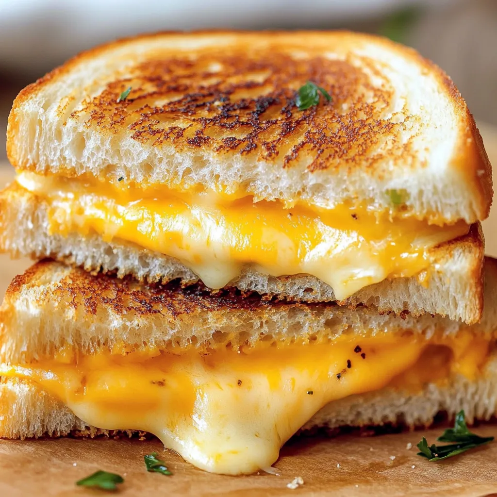 A grilled cheese sandwich with melted cheese.