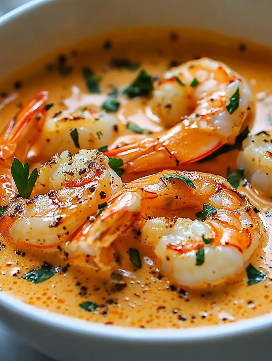 A bowl of lobster bisque with shrimp and herbs.