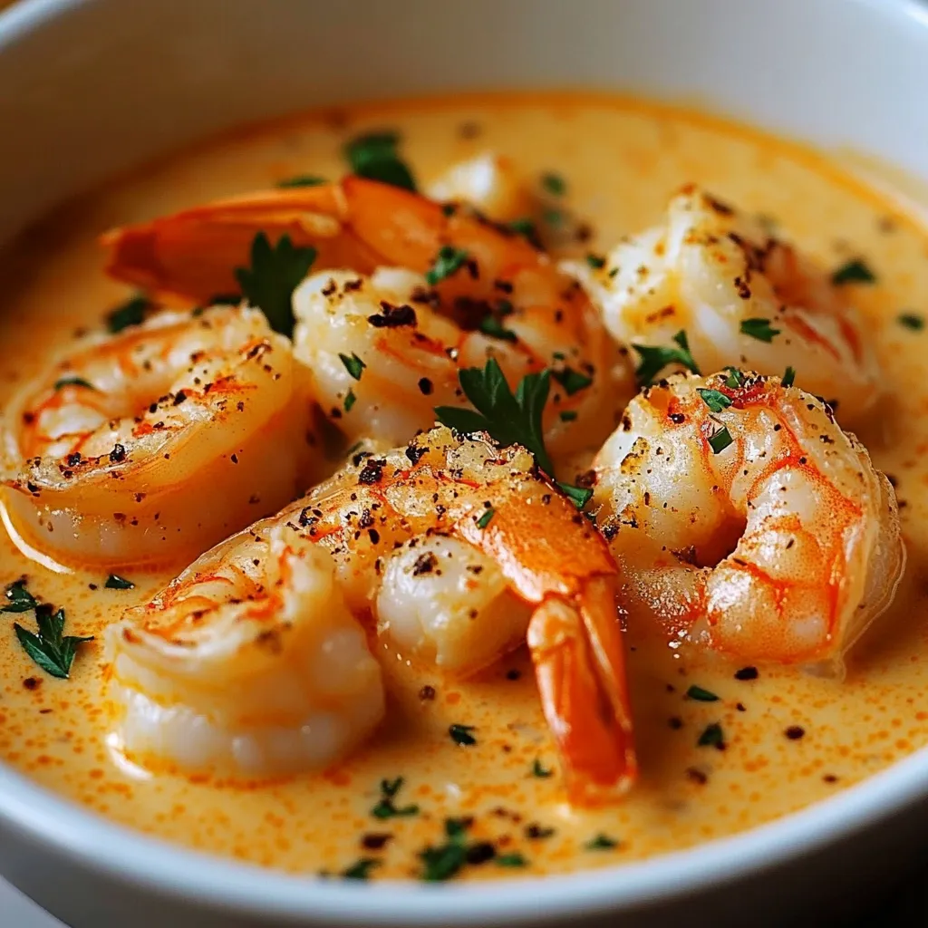 A bowl of lobster bisque with shrimp and herbs.