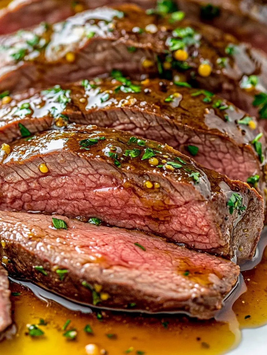 A close up of a piece of meat with a brown sauce.