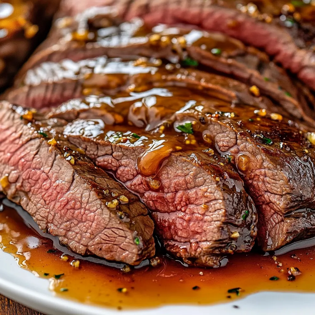 A plate of beef with a brown sauce.