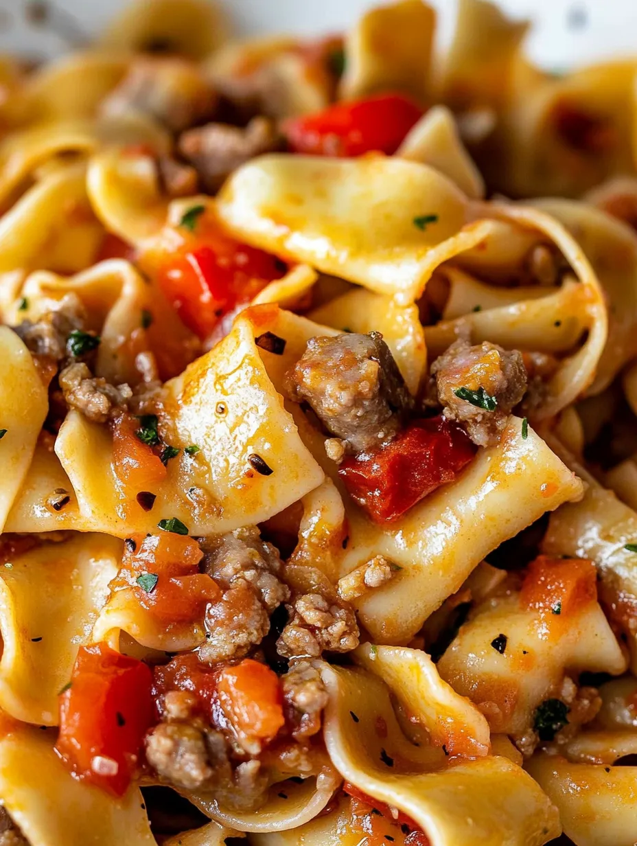 Italian drunken noodles with meat and tomatoes.