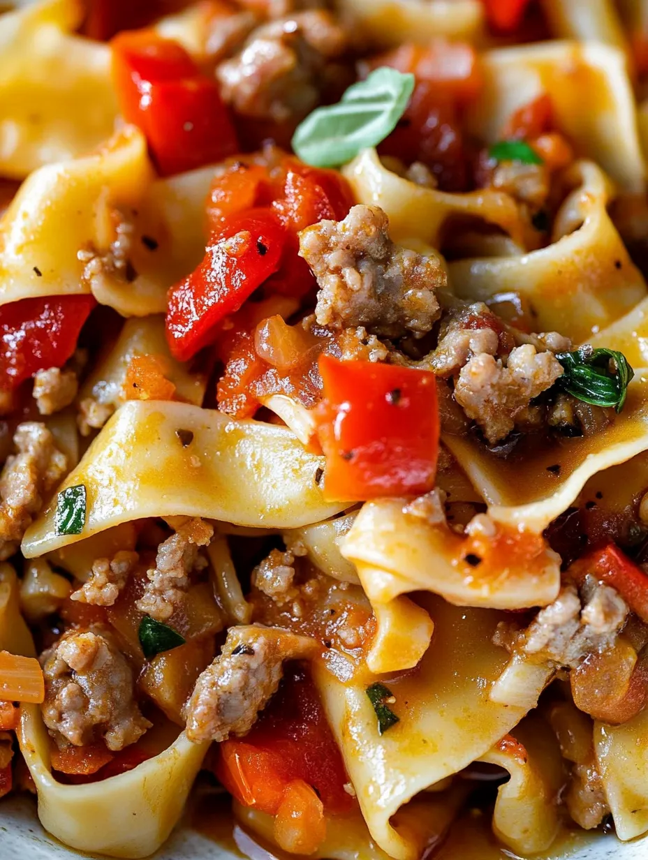 A plate of Italian drunken noodles with meat and vegetables.