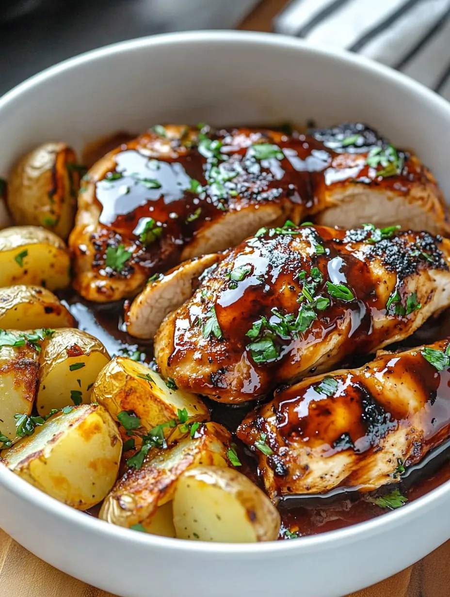 A bowl of BBQ chicken and potatoes.