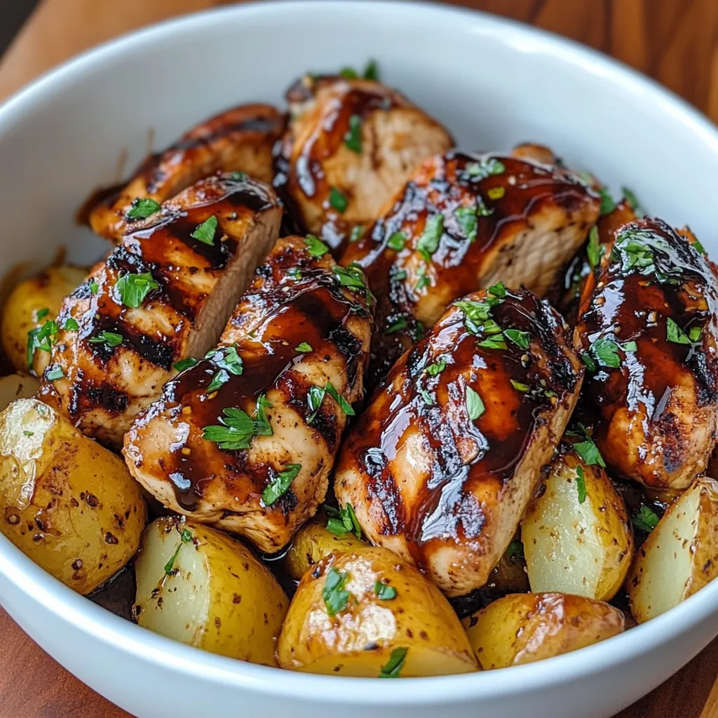 A bowl of BBQ chicken and potatoes.