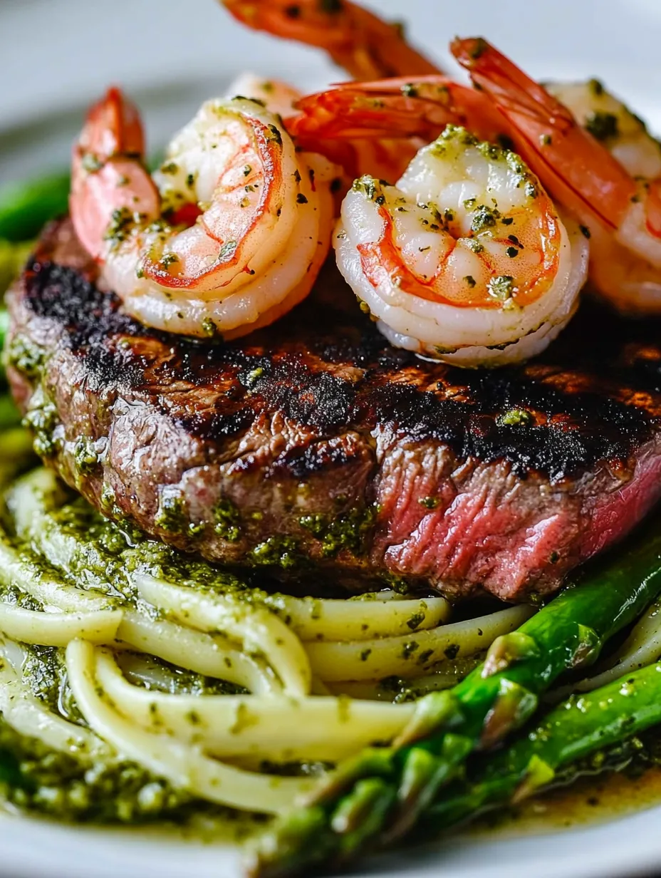 A piece of steak with shrimp and pesto on top.