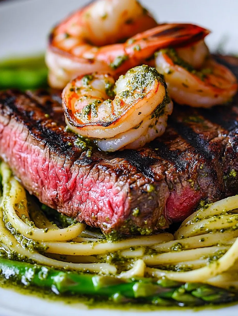 A piece of steak with shrimp and pesto on top.