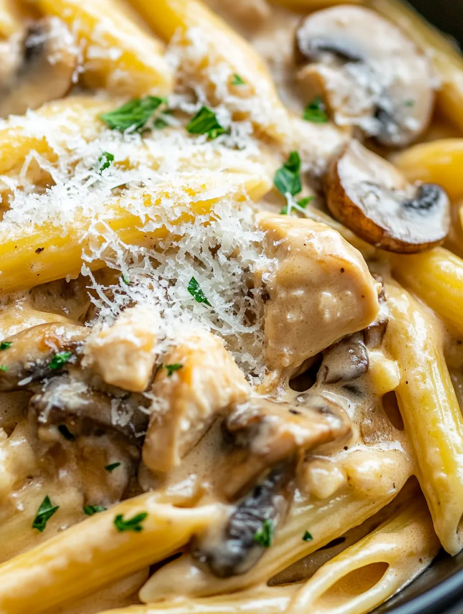 A dish of creamy mushroom chicken pasta.
