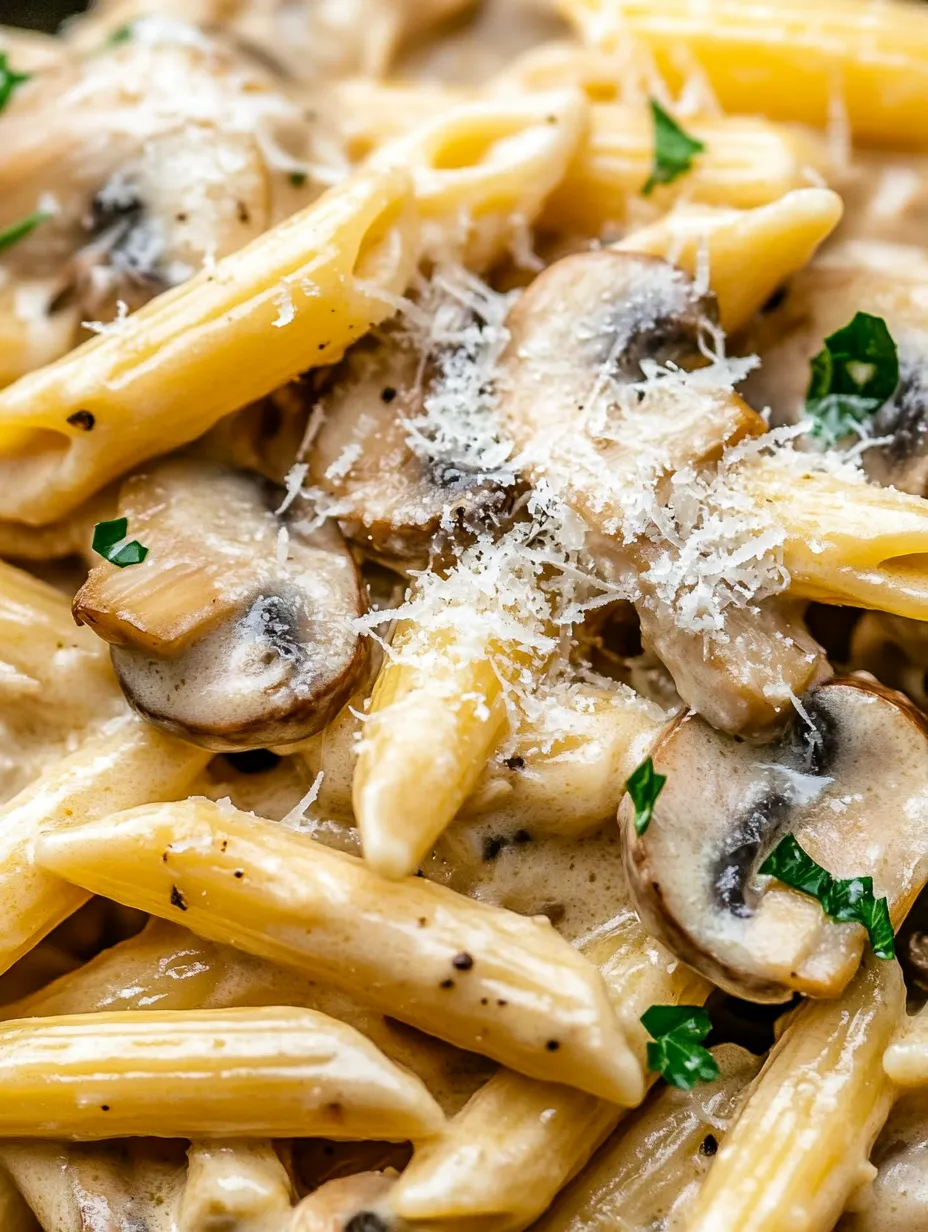 A plate of pasta with mushrooms and cheese.