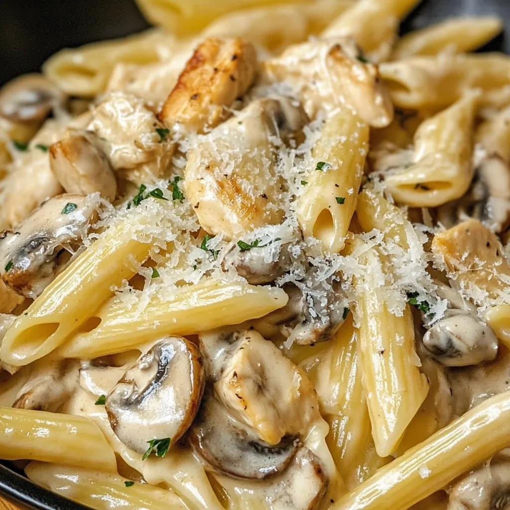 A plate of pasta with chicken and mushrooms.