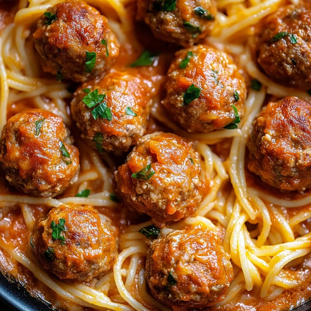 A plate of spaghetti with meatballs in a creamy sauce.