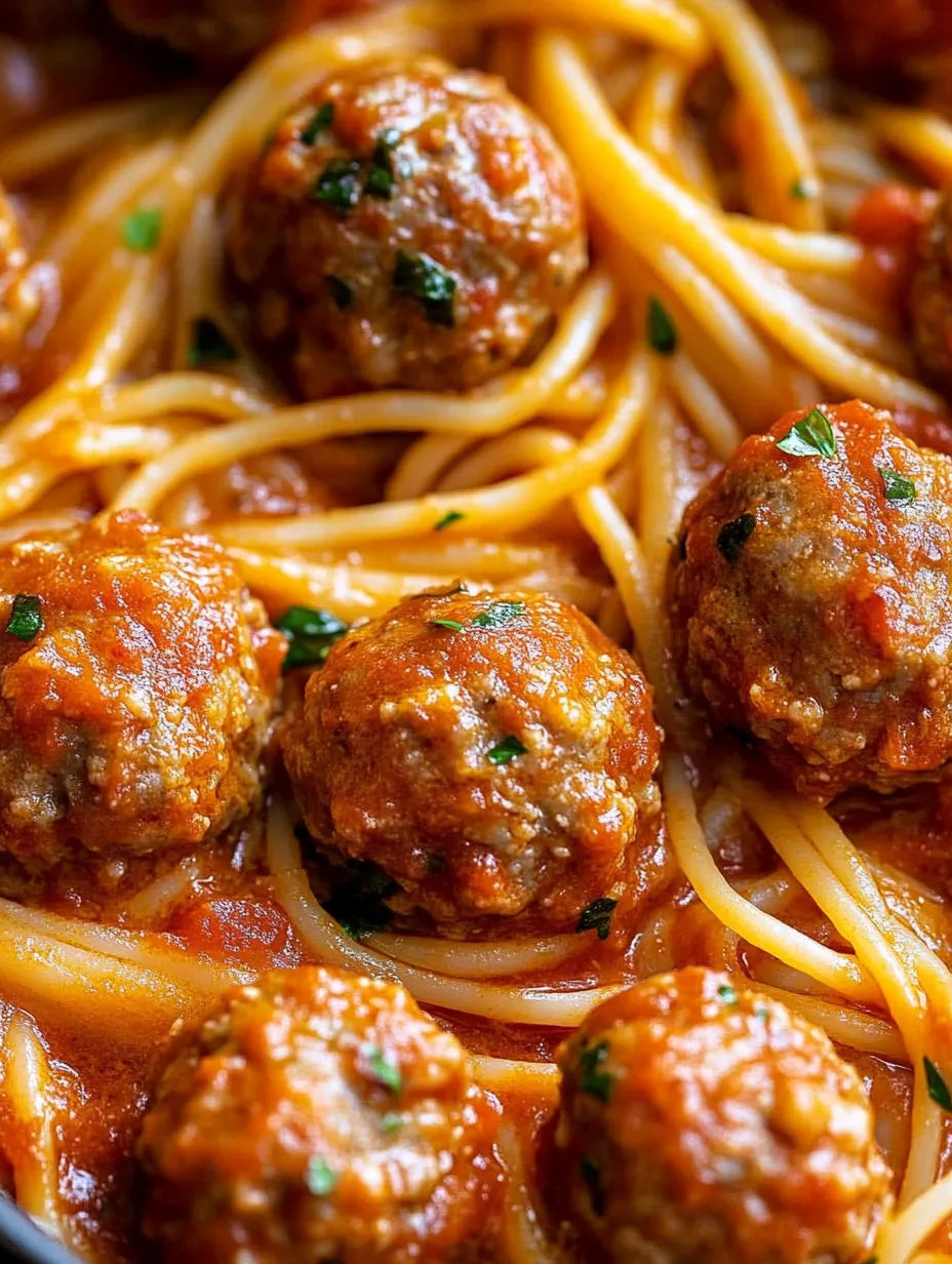 A plate of creamy spaghetti meatballs.
