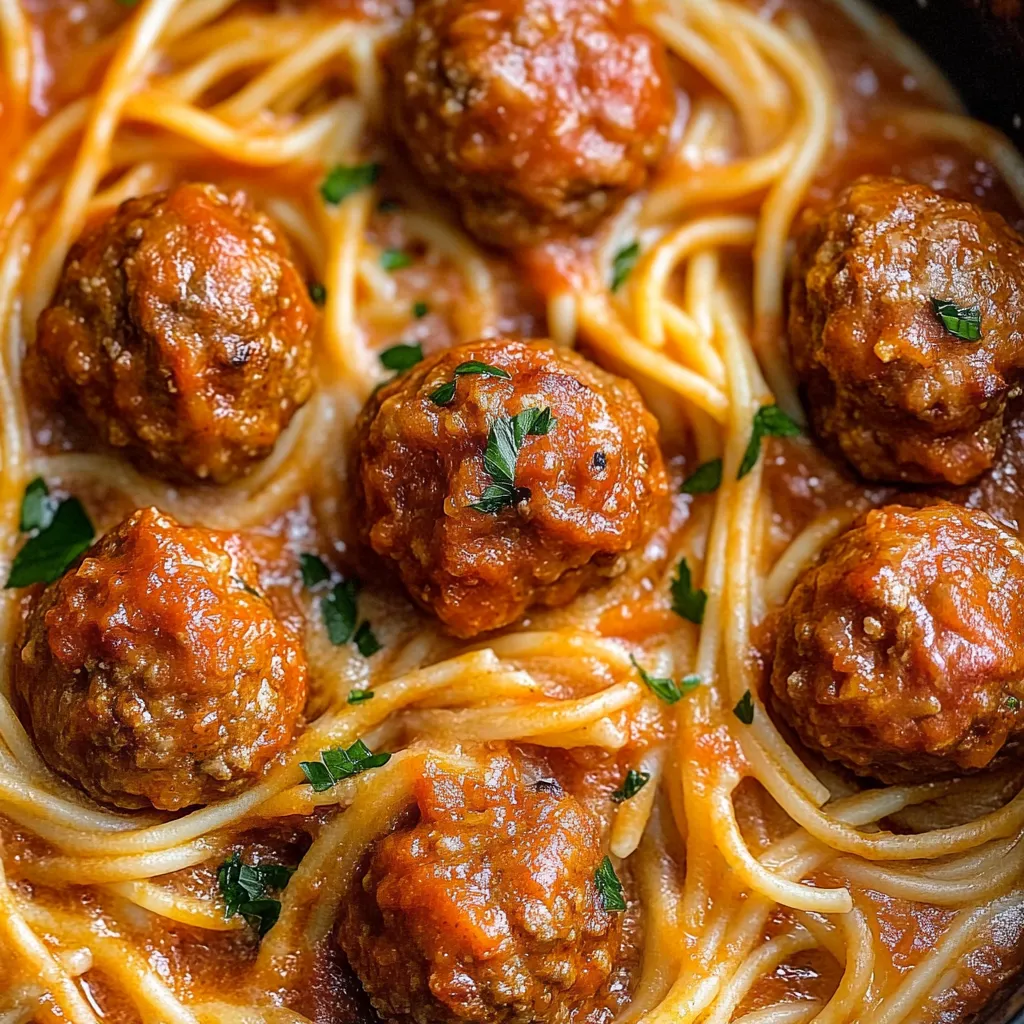 A bowl of creamy spaghetti meatballs.
