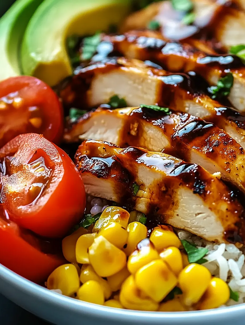 A bowl of food with chicken, corn, tomatoes, and rice.