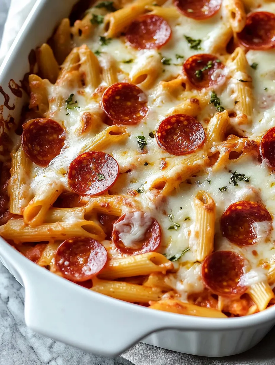 A baked dish with pasta and pepperoni.