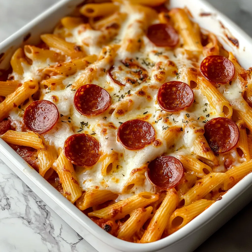 A dish of pasta and pepperoni.
