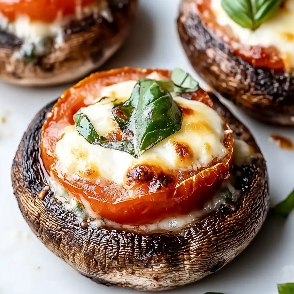 A close up of a stuffed portobello mushroom with tomato and basil.