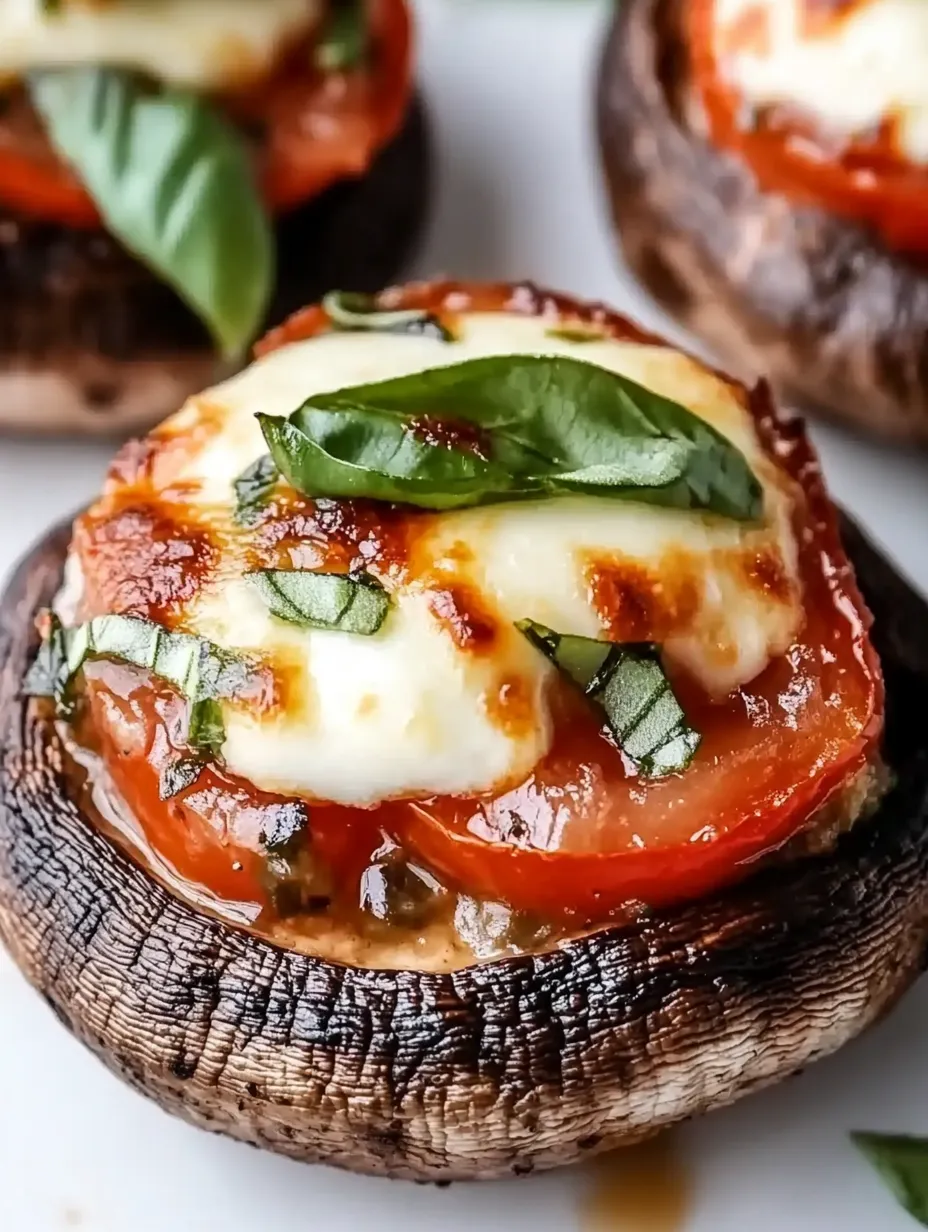 A close up of a stuffed portobello mushroom with cheese and basil.