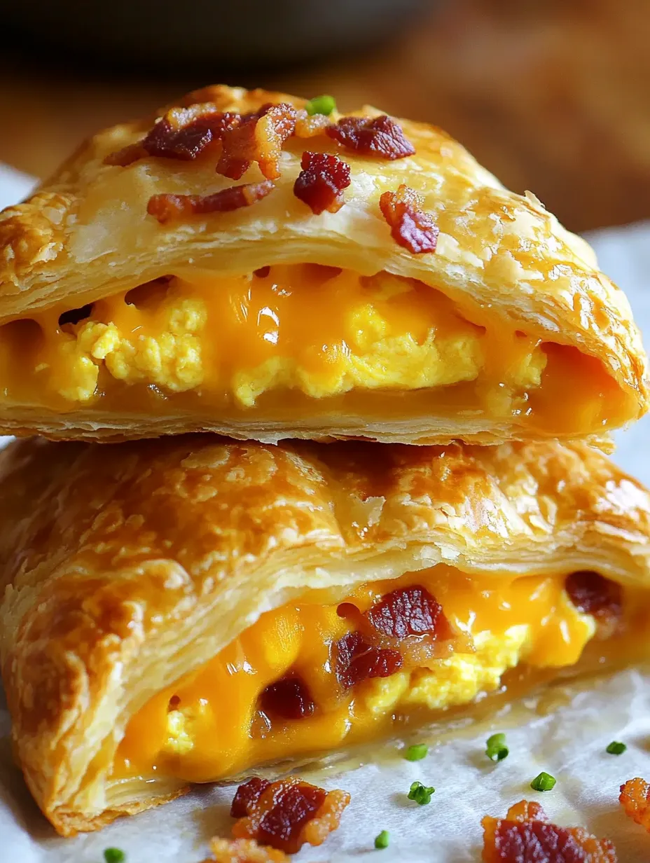 Two breakfast hand pies with bacon and cheese.