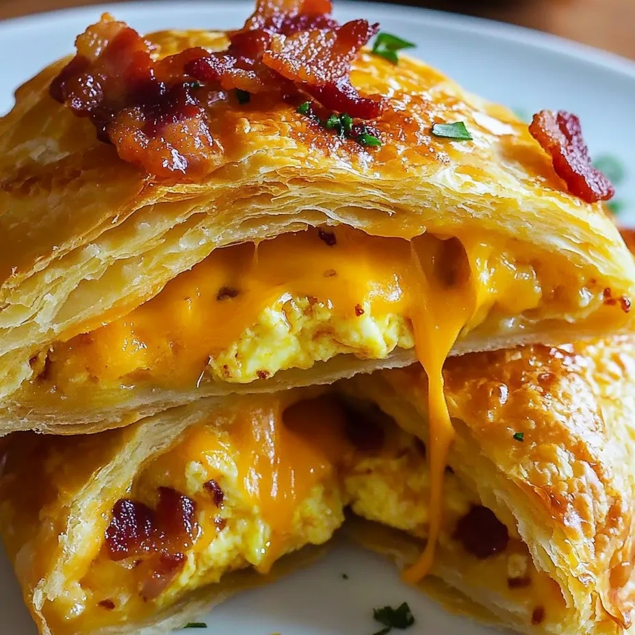A plate of breakfast hand pies with cheese and bacon.