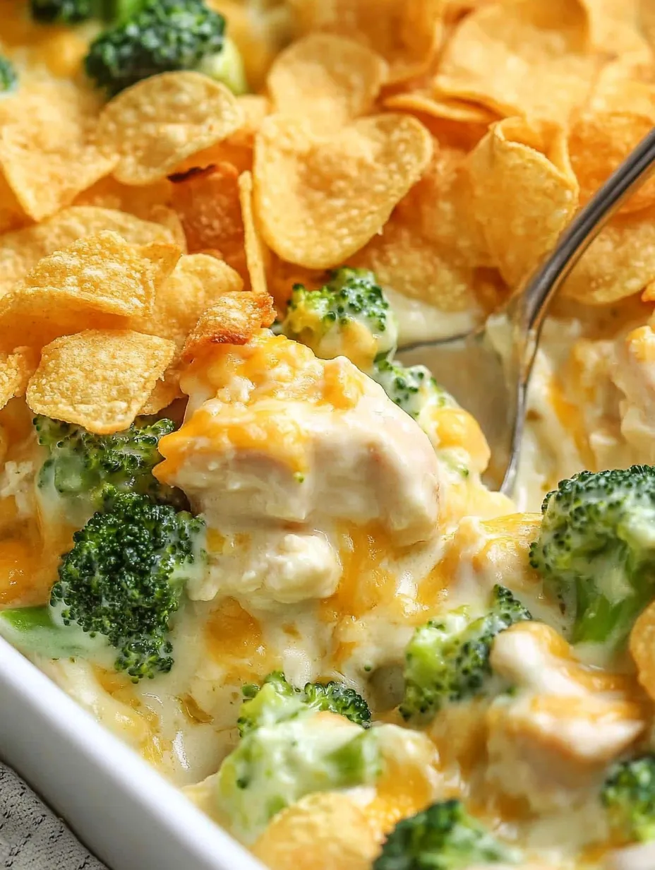 A close up of a chicken divan casserole with broccoli and cheese.