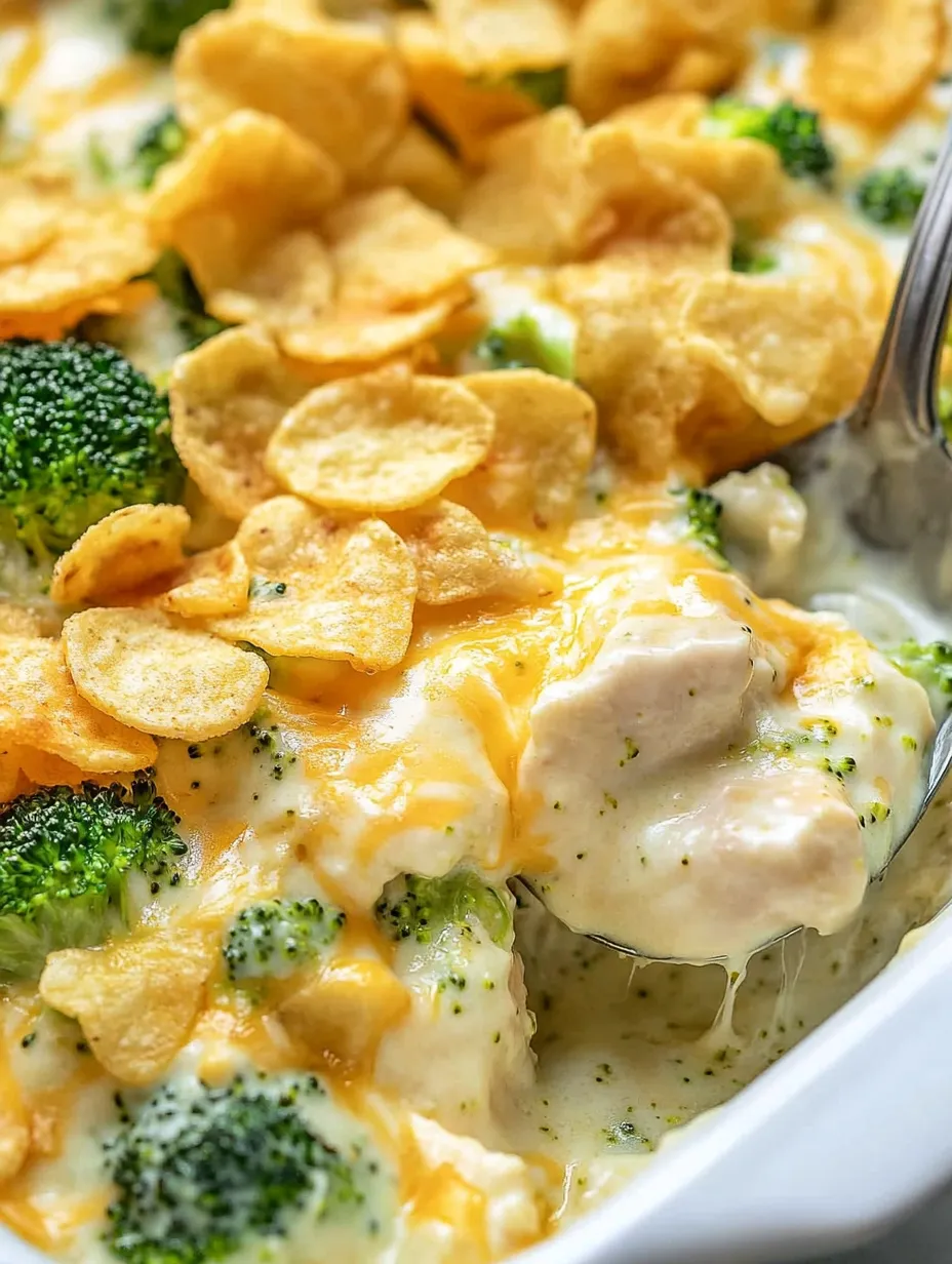 A close up of a chicken divan casserole.