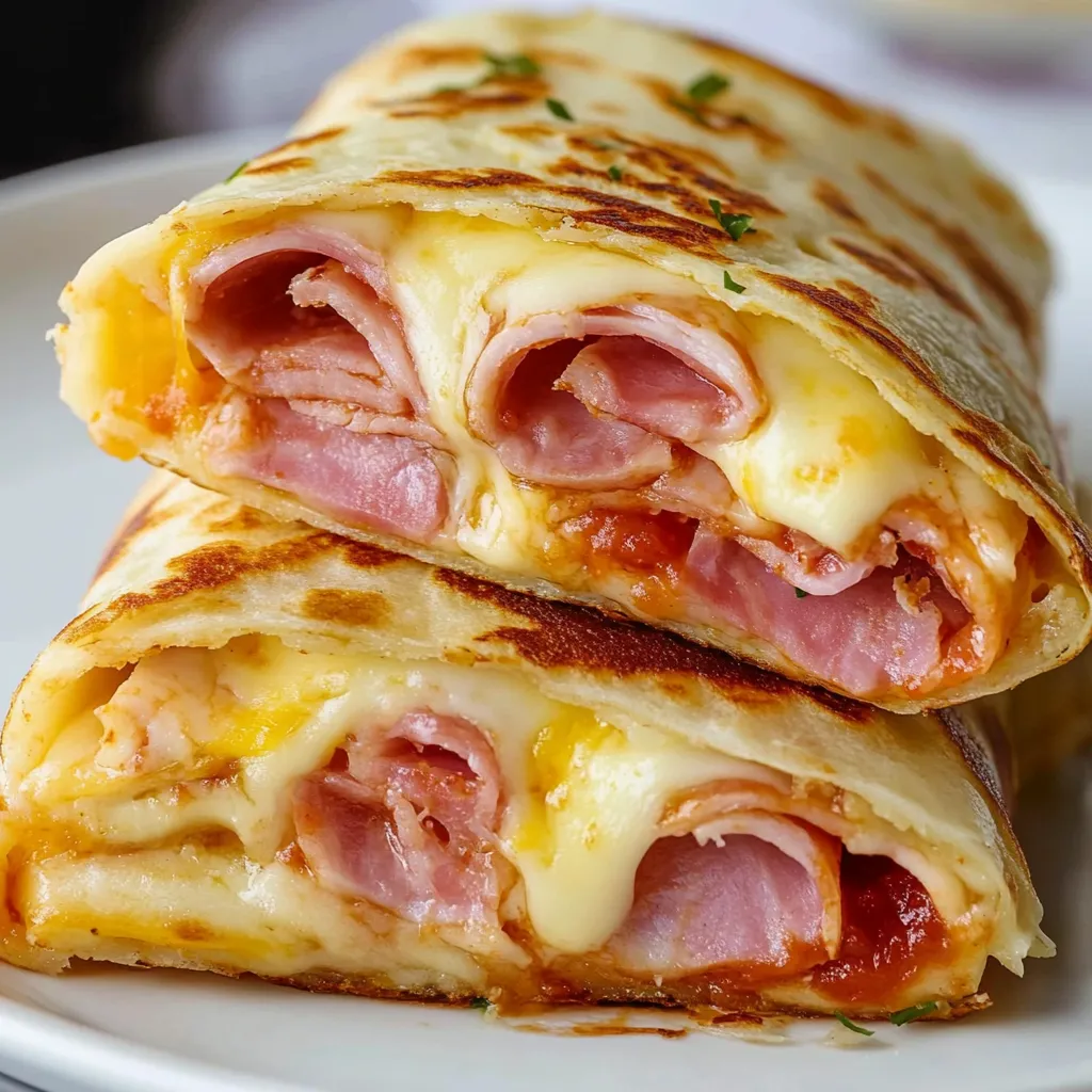 A plate of Italian wraps with cheese and meat.