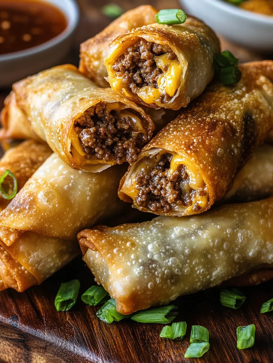 Cheeseburger Egg Rolls stacked on a table.