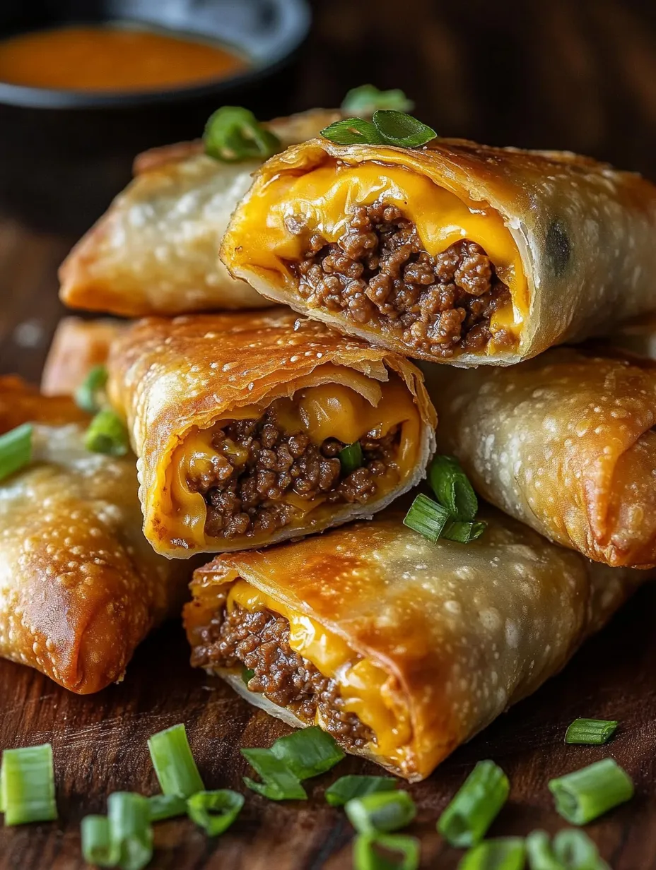 Cheeseburger Egg Rolls stacked on a wooden table.