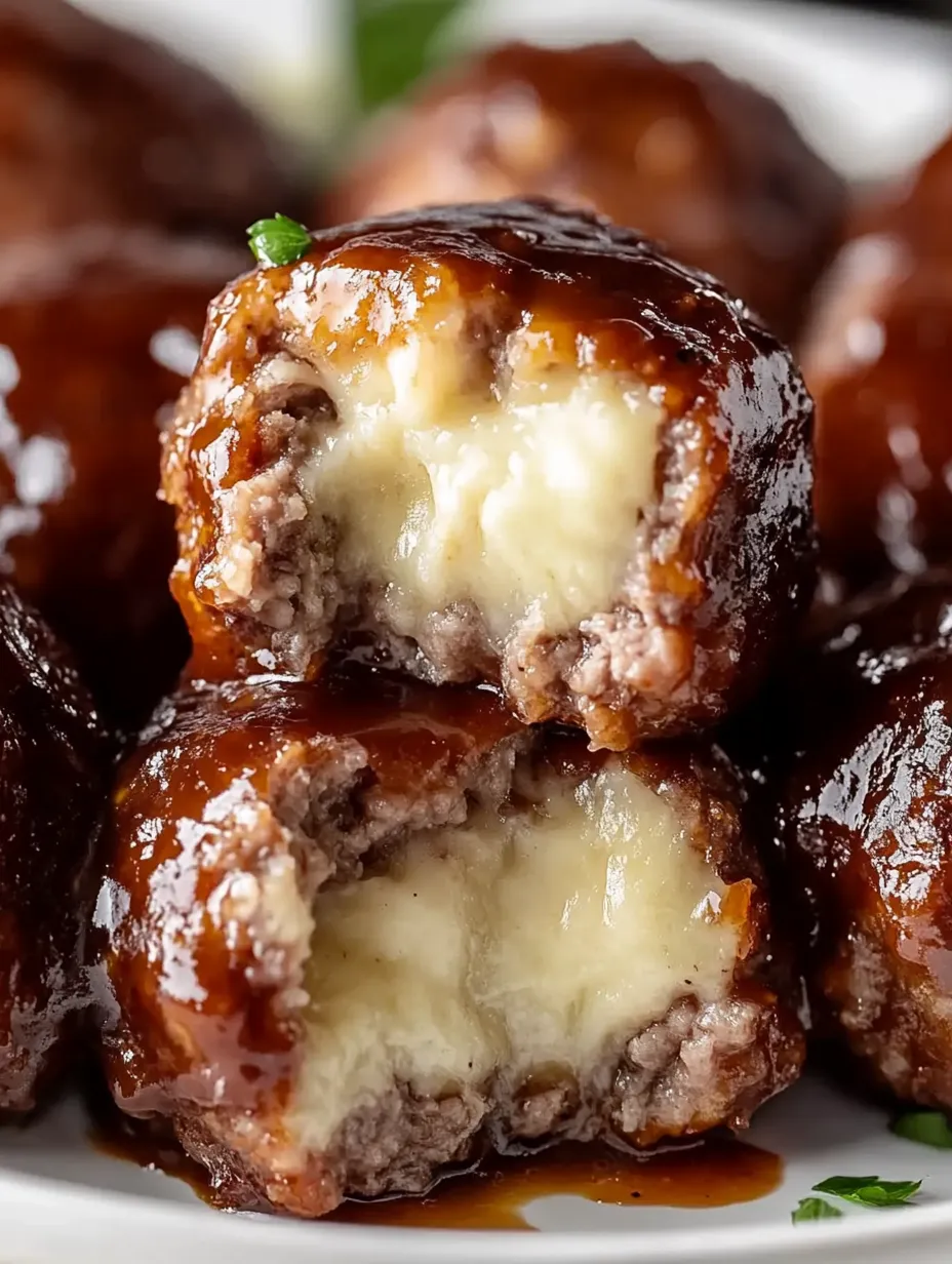 A close up of a delicious smoked cheese stuffed meatball.