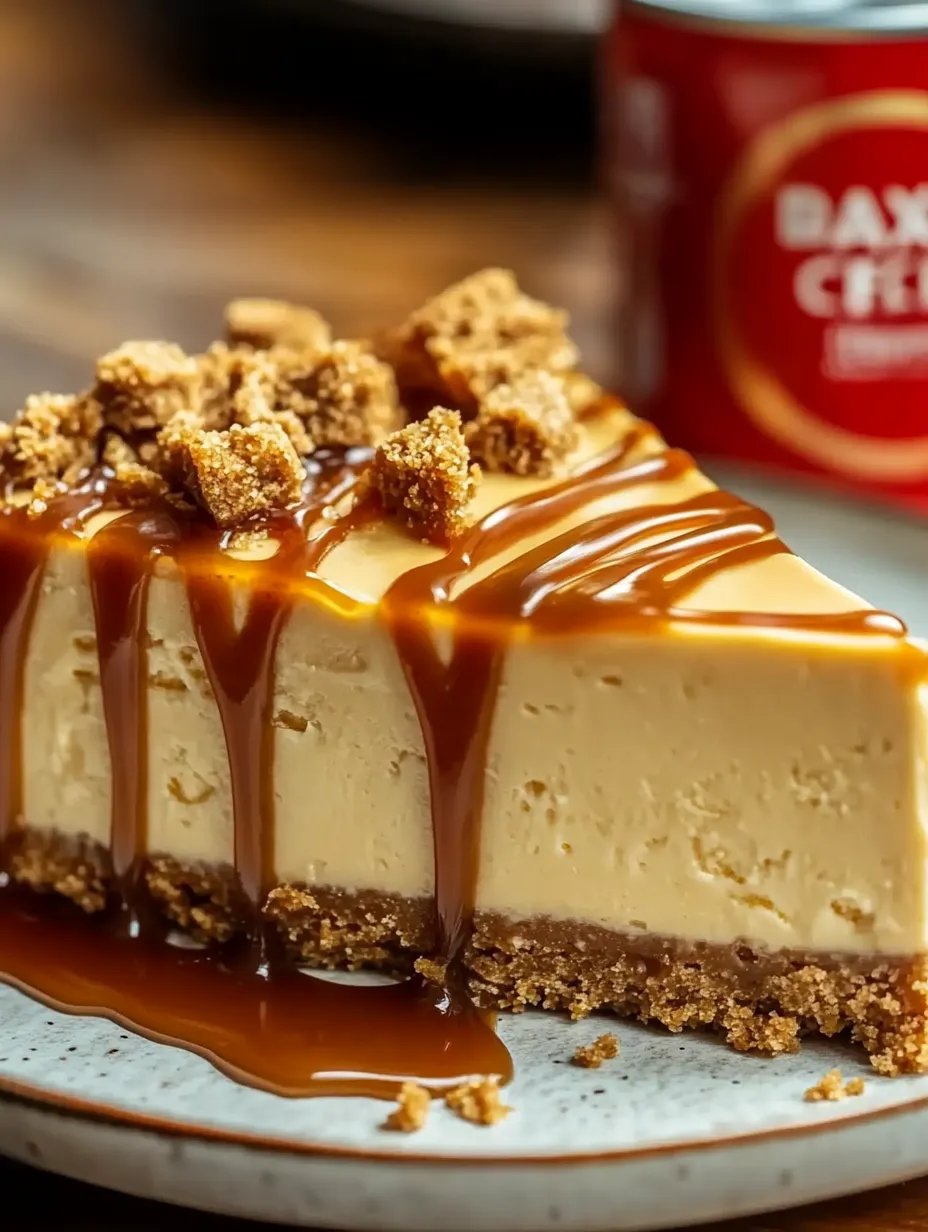 A slice of Biscoff cheesecake with caramel drizzle.