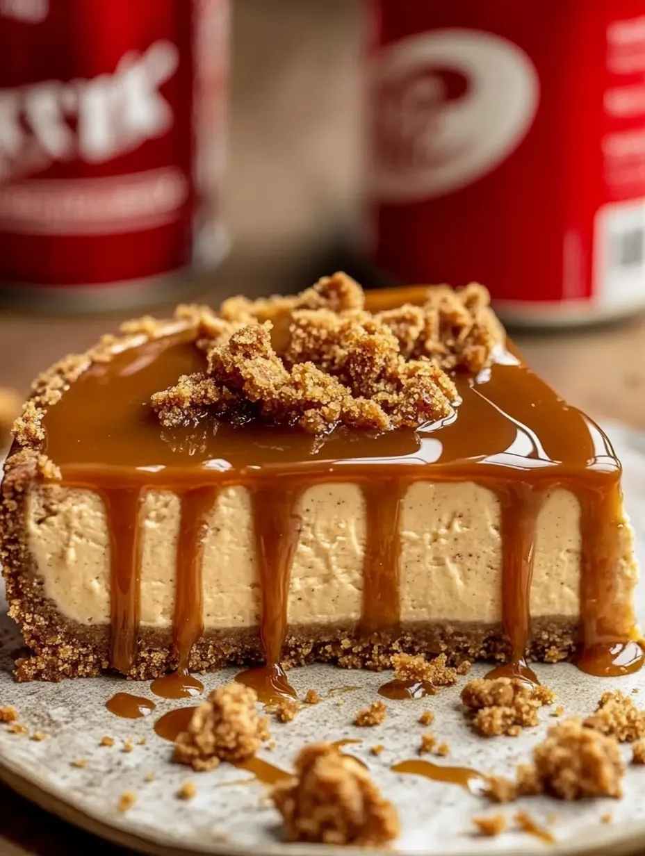 A slice of Biscoff cheesecake on a plate.
