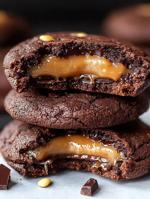 A stack of chocolate cookies with a caramel filling.