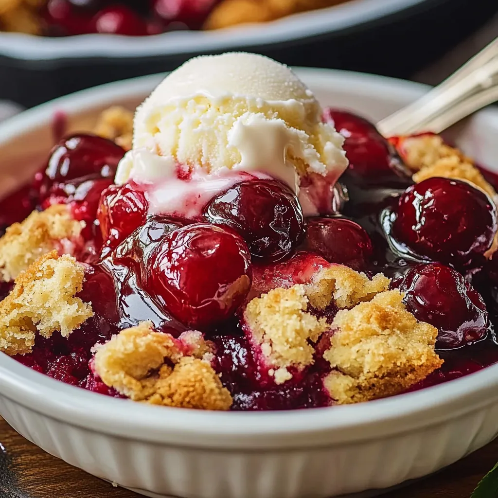 A bowl of cherry dump cake with a scoop of ice cream on top.