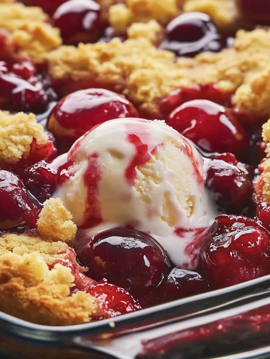 A close up of a cherry dump cake with a scoop of ice cream on top.