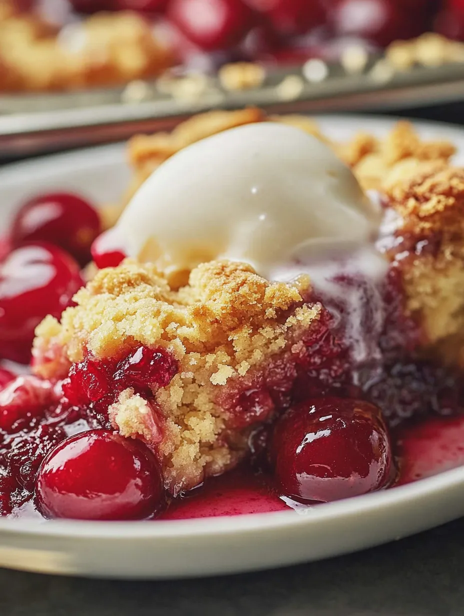A slice of cherry dump cake with a scoop of ice cream on top.
