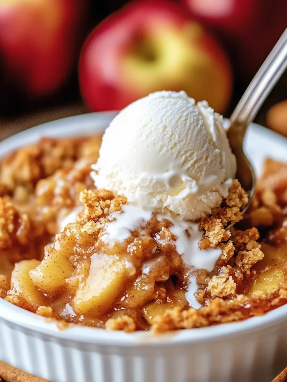 A bowl of apple dump cake with a scoop of ice cream on top.