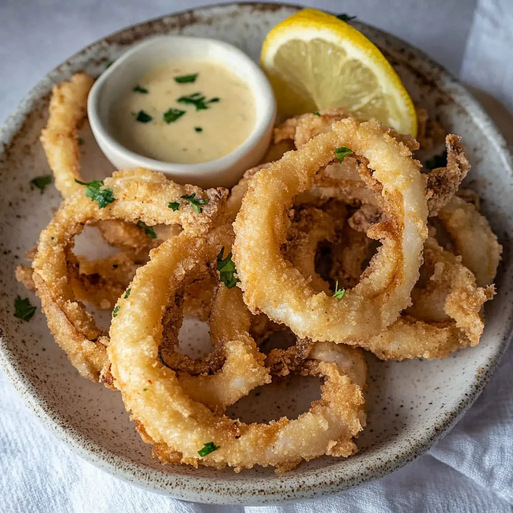 A plate of crispy fried calamari.