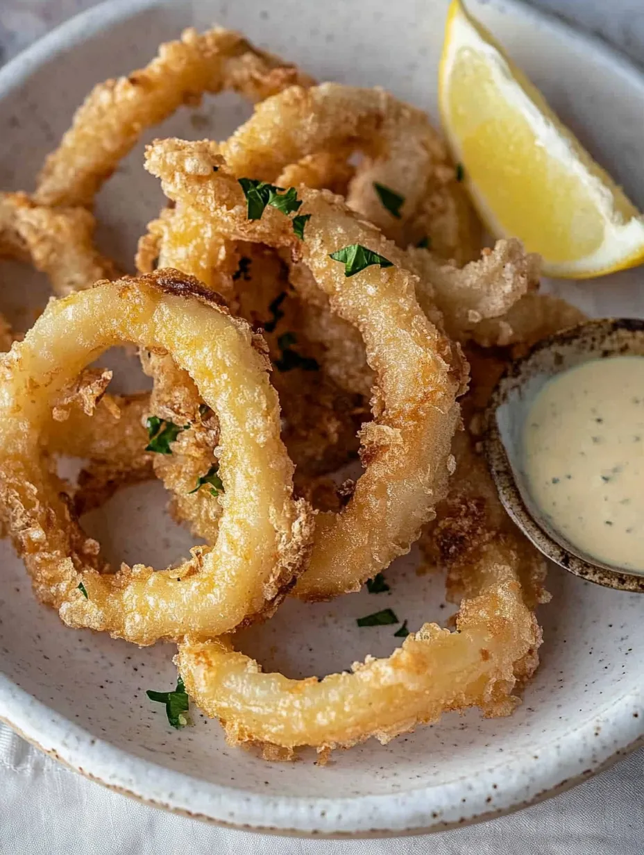 A plate of crispy fried calamari.