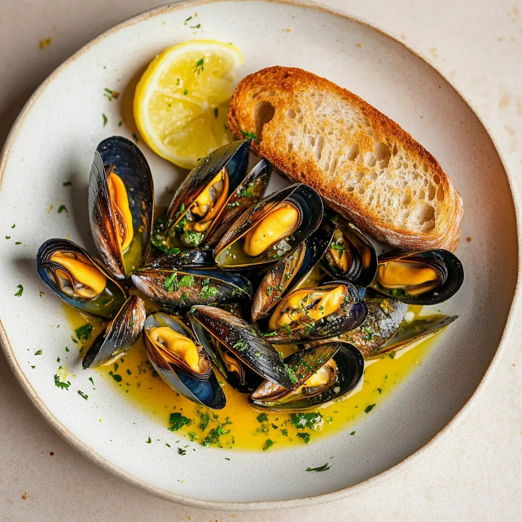 A plate of mussels with lemon and herbs.