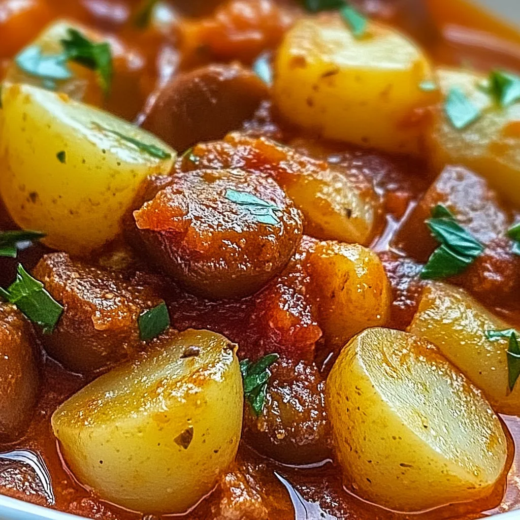A bowl of chorizo stew with potatoes and peppers.