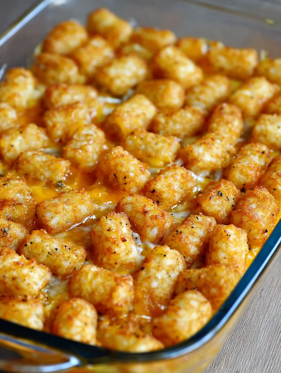 A dish of tater tots with cheese and sauce.