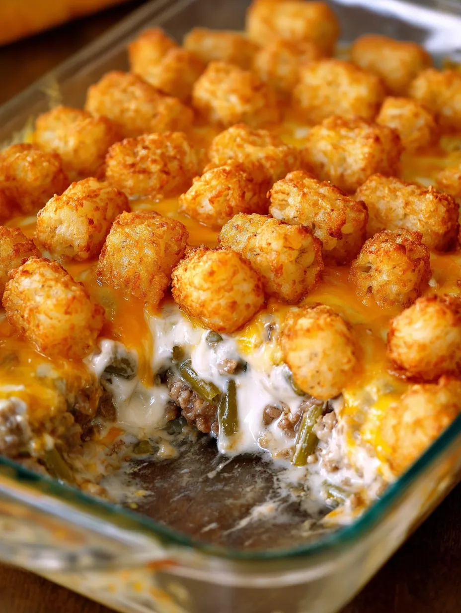 A tater tot casserole with cheese and green peppers.