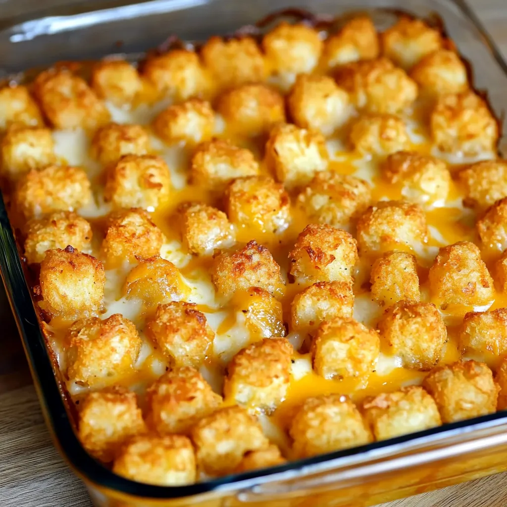 A dish of tater tots with cheese and sauce.